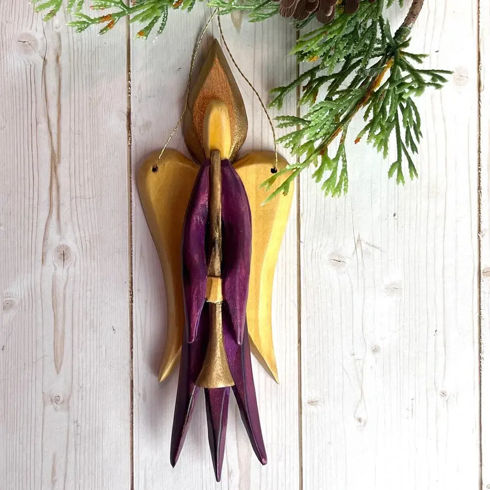 Handcrafted Wooden Angel Ornament Gold Painted Wings Purple Robe Horn Signed